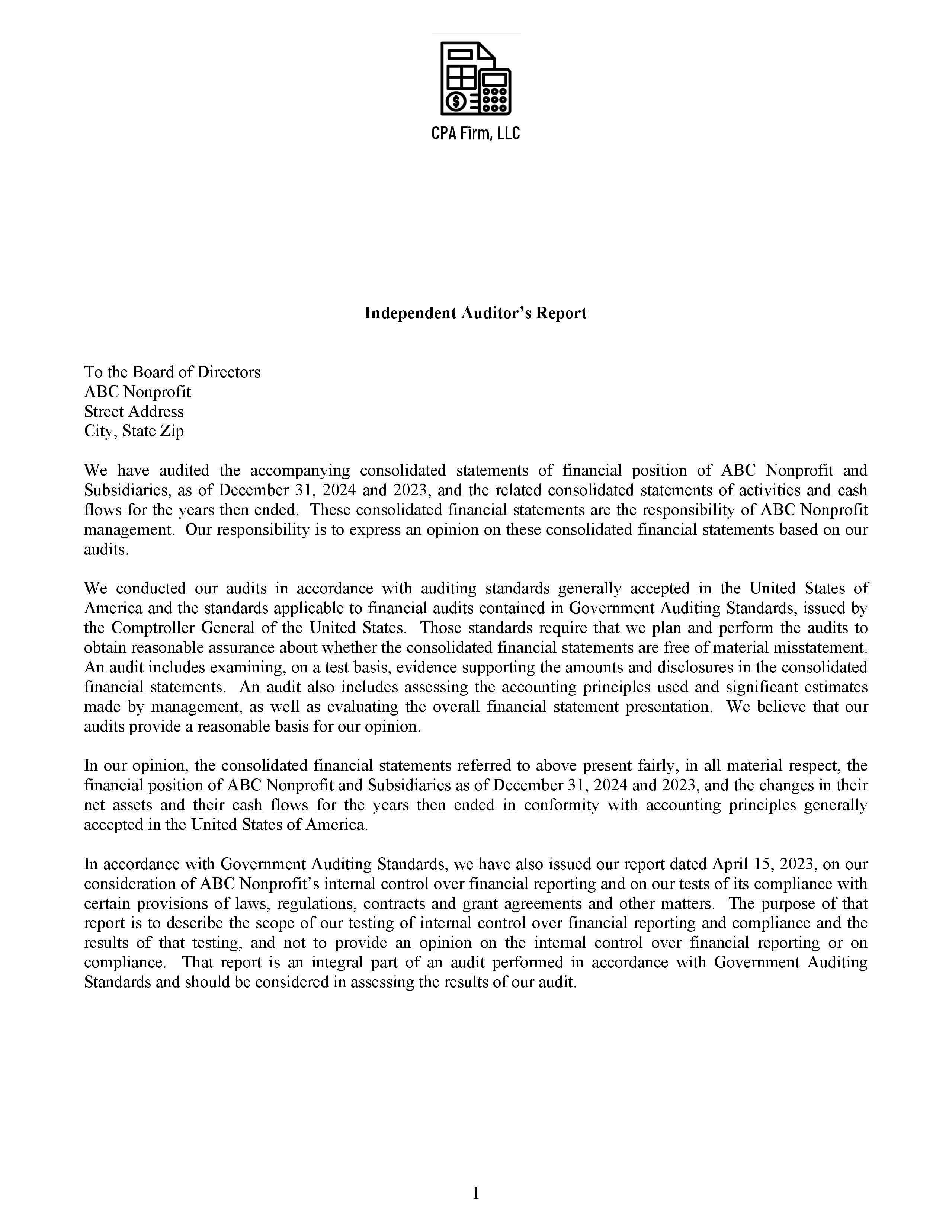 Independent Auditor's Report Page 1